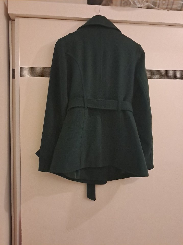 Kemerli Çift Düğmeli Koyu Yeşil Kaban - Görsel 3