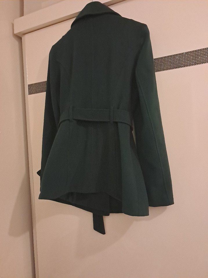 Kemerli Çift Düğmeli Koyu Yeşil Kaban - Görsel 2