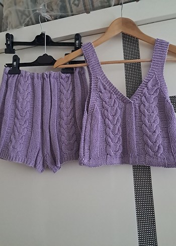 Mor Örgü Mini Süveter ve Şort Takım - Görsel 3