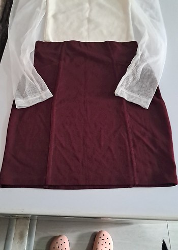 Bordo Drapeli Mini Etek - Görsel 4