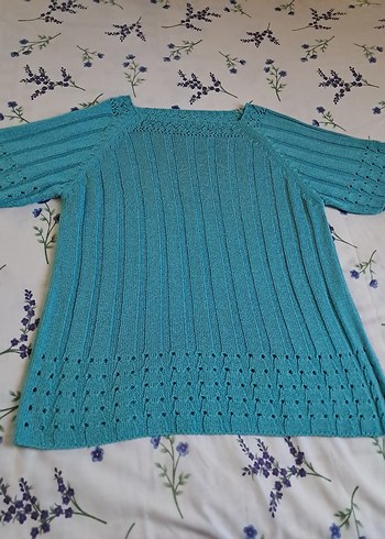 Turkuaz Bohem Kadın Kısa Kollu Triko Kazak - Görsel 4