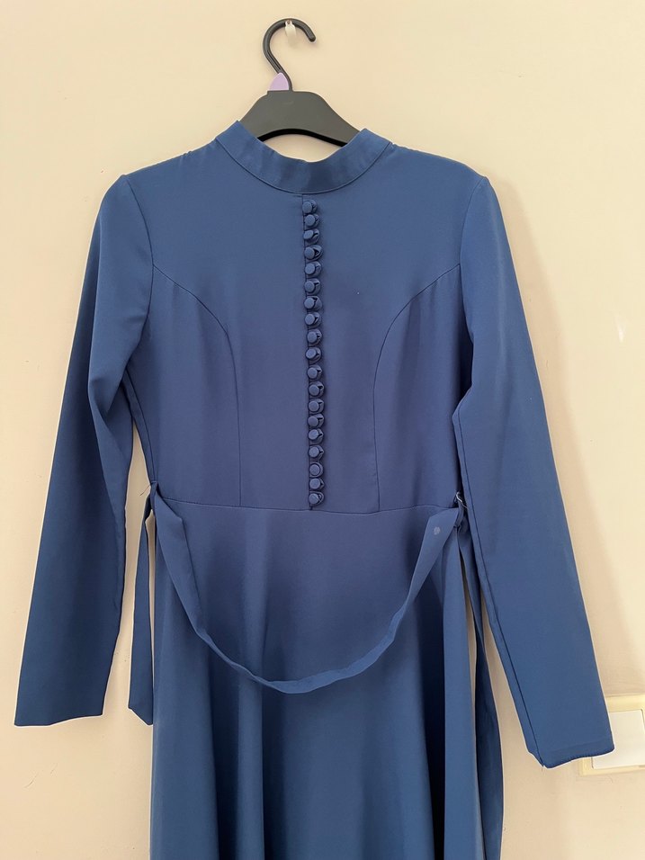 Uzun Kollu Mavi Drapeli Uzun Elbise - Görsel 2