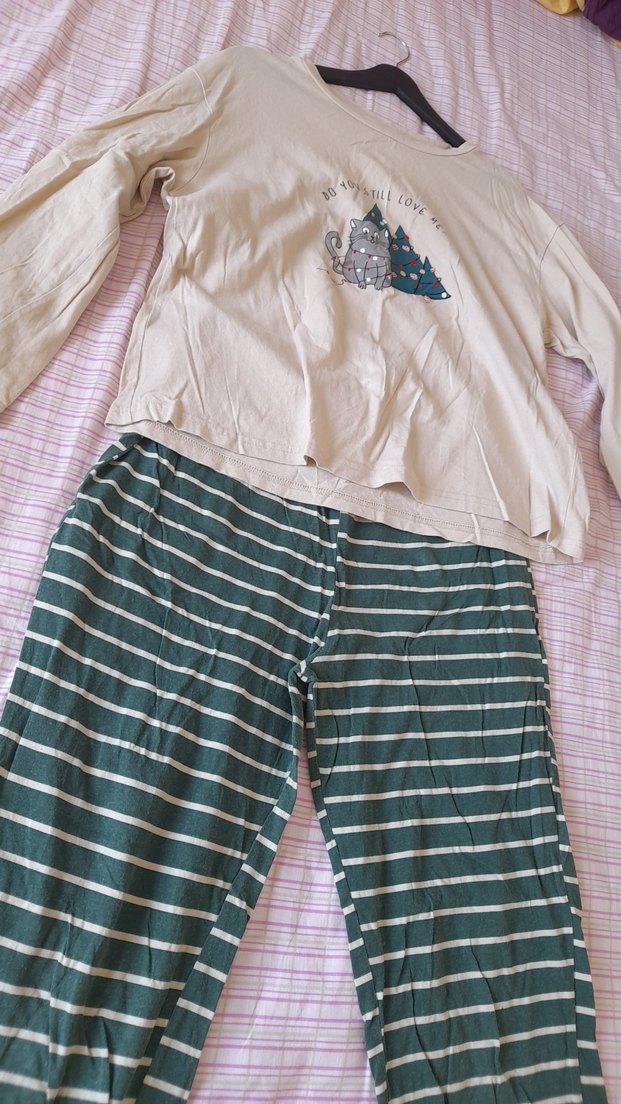 %100 Pamuklu Çizgili Yılbaşı Pijama Takımı - Görsel 4