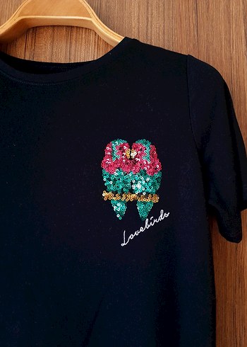 George - Aşk Kuşları Payetli Siyah Penye Tişört - Görsel 4