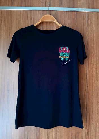 George - Aşk Kuşları Payetli Siyah Penye Tişört - Görsel 3