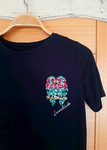 George - Aşk Kuşları Payetli Siyah Penye Tişört - Görsel 2