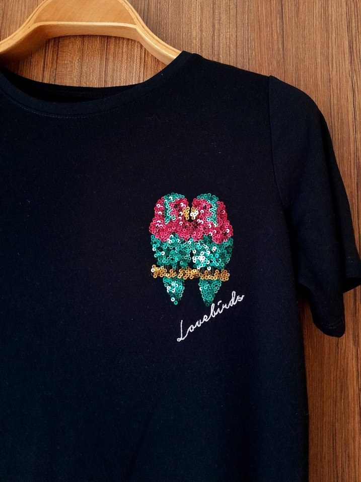 George - Aşk Kuşları Payetli Siyah Penye Tişört - Görsel 4