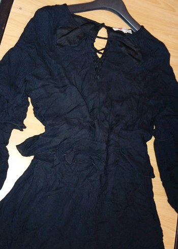 Kadın Siyah Uzun Kollu V Yaka Keten elbise - Görsel 5