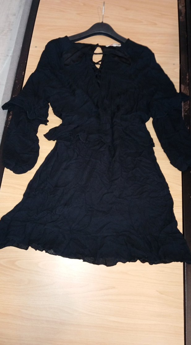 Kadın Siyah Uzun Kollu V Yaka Keten elbise - Görsel 4