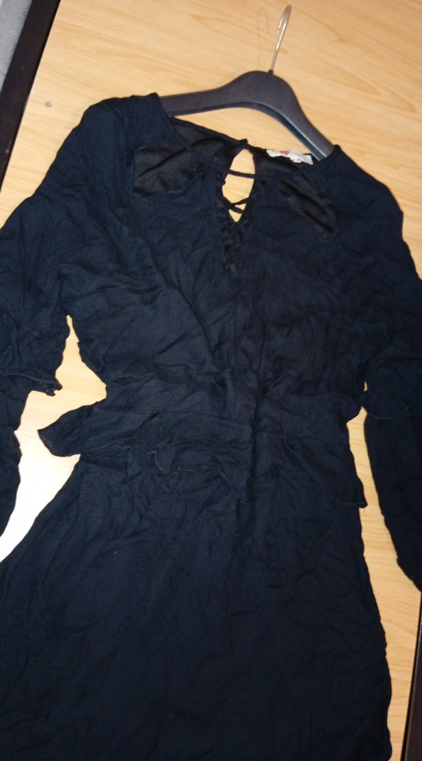 Kadın Siyah Uzun Kollu V Yaka Keten elbise - Görsel 5