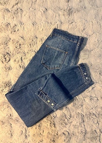 Düğmeli Lacivert Kadın Denim Pantolon - Görsel 4