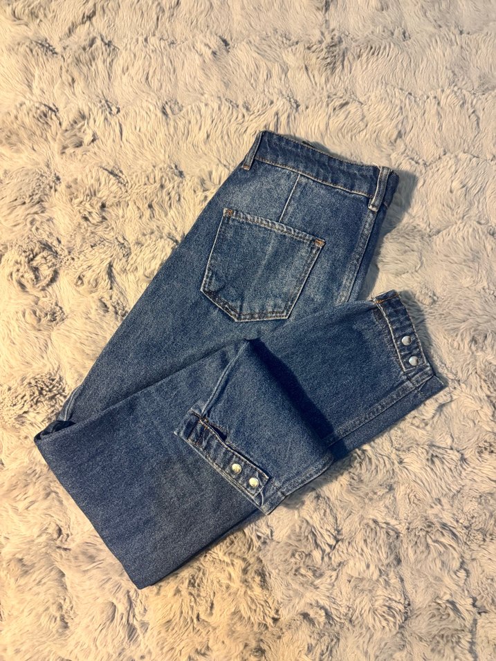 Düğmeli Lacivert Kadın Denim Pantolon - Görsel 4