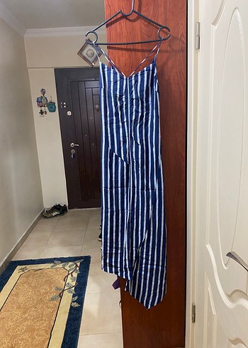 Zara Çizgili Lacivert Uzun Askılı Elbise