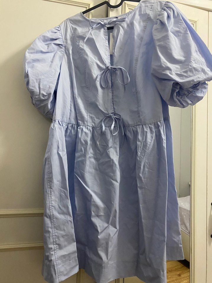 Mavi V Yaka Midi Poplin Elbise - Görsel 2