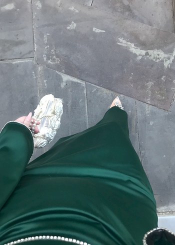 Straplez Drapeli Uzun zümrüt tesettür  abiye - Görsel 2