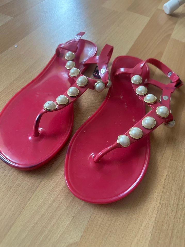 Pembe Boncuklu Parlak Kadın Sandalet - Görsel 2