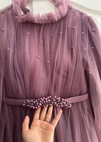 Uzun Kollu Mor Abiye Elbise - Görsel 3