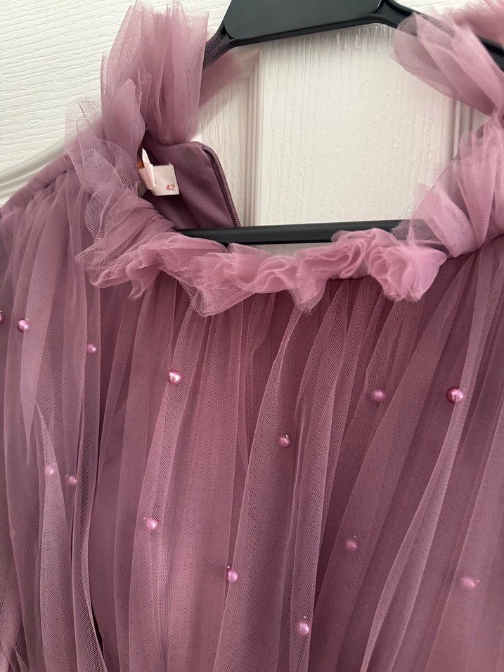 Uzun Kollu Mor Abiye Elbise - Görsel 5