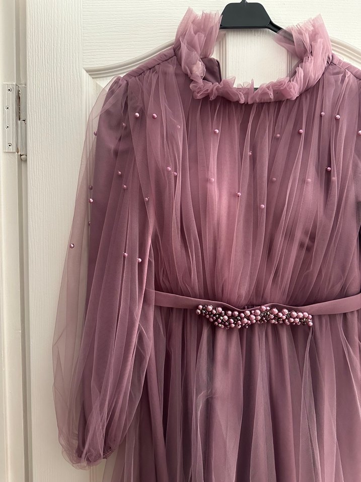 Uzun Kollu Mor Abiye Elbise - Görsel 2