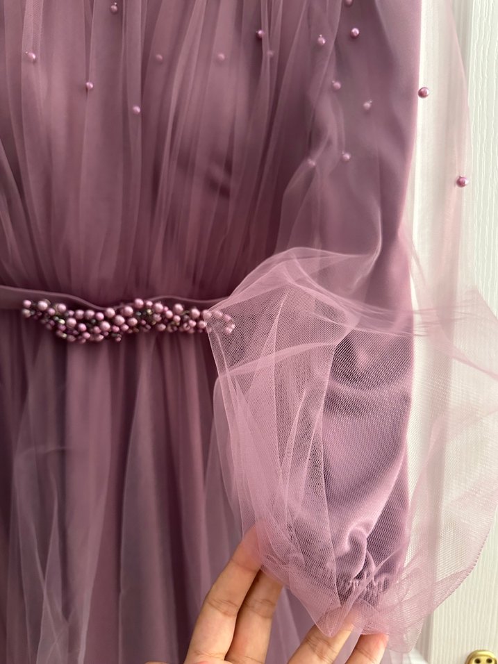 Uzun Kollu Mor Abiye Elbise - Görsel 4