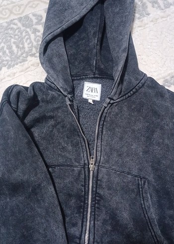 Gri Kapüşonlu Kısa Kesim Denim Sweatshirt - Görsel 2