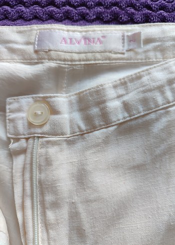 Düğmeli Beyaz Keten Bol Kesim Midi Pantolon - Görsel 5