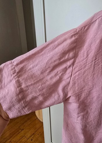 s Beden pembe Renk Düğmeli Kısa Kollu Pembe Keten Gömlek