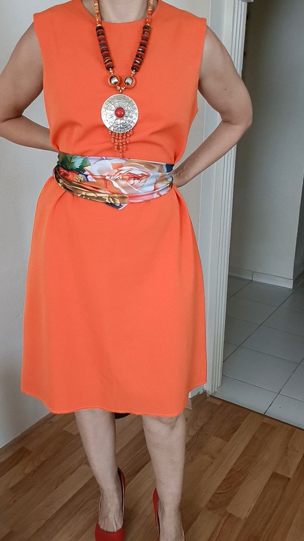 Turuncu Kolsuz Elbise A Kesim Etiketsiz - Görsel 5