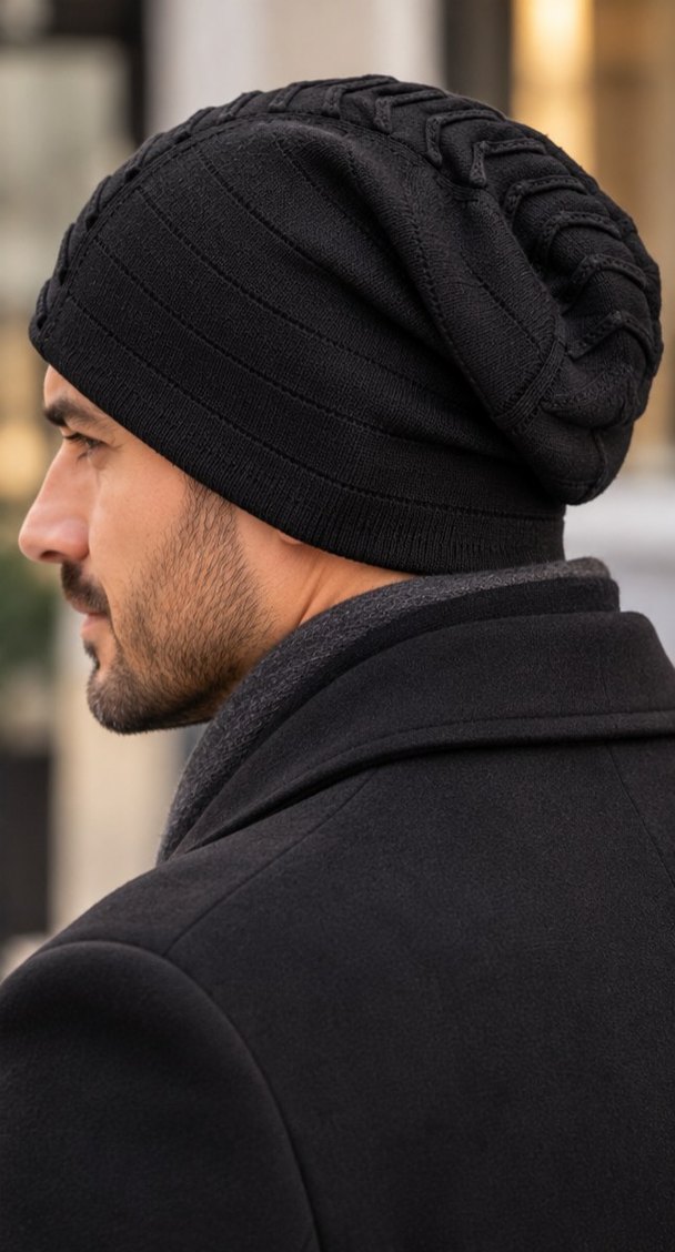 Siyah Erkek Triko Bere  Örgü Desenli Şık Model — görsel 3/9