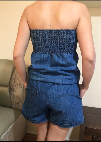 m Beden lacivert Renk Mixray Denim Şortlu Straplez Tulum