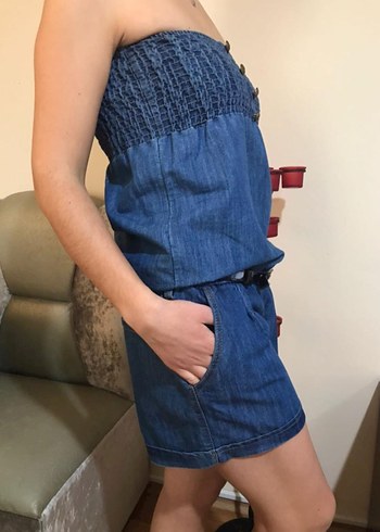 Diğer Mixray Denim Şortlu Straplez Tulum