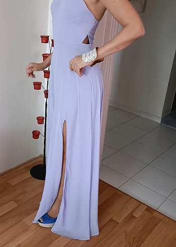 m Beden mor Renk Trendyol Lila Boyundan Bağlamalı Yırtmaçlı Maxi Abiye