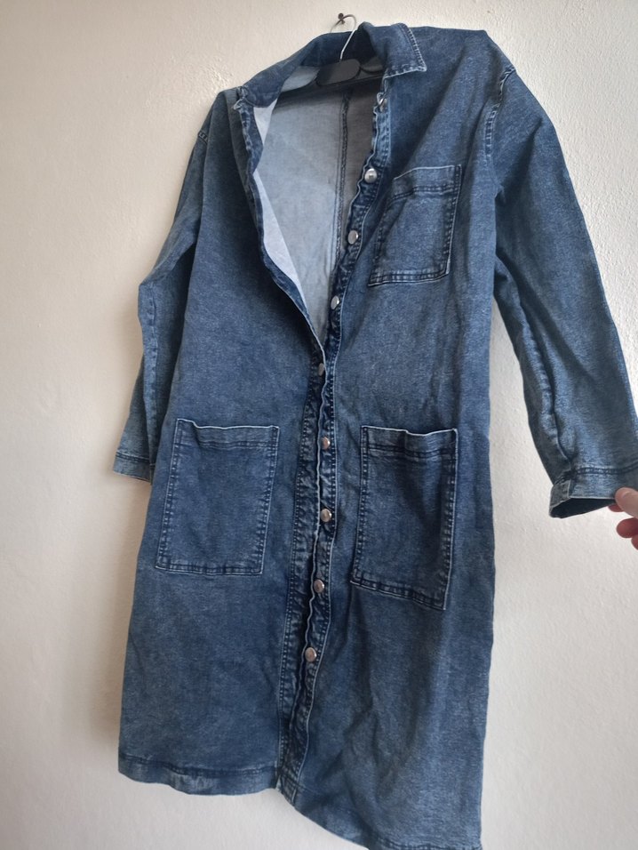 Düğmeli  uzun Mavi Denim Ceket - Görsel 2