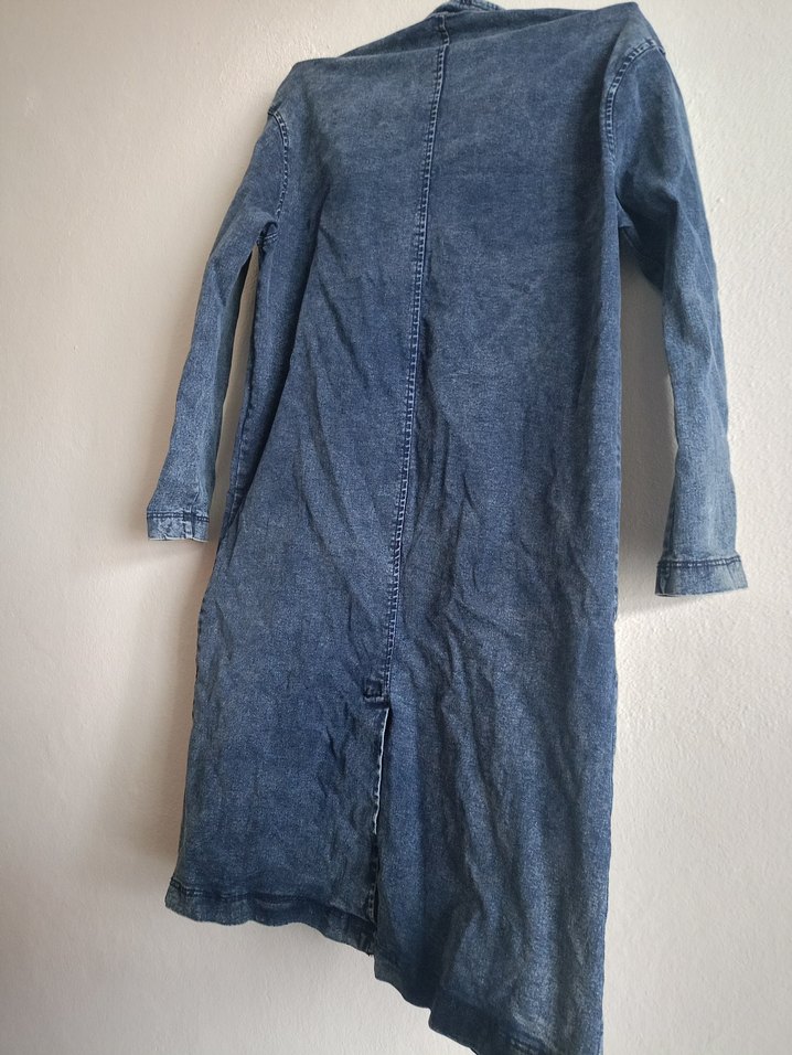 Düğmeli  uzun Mavi Denim Ceket - Görsel 3