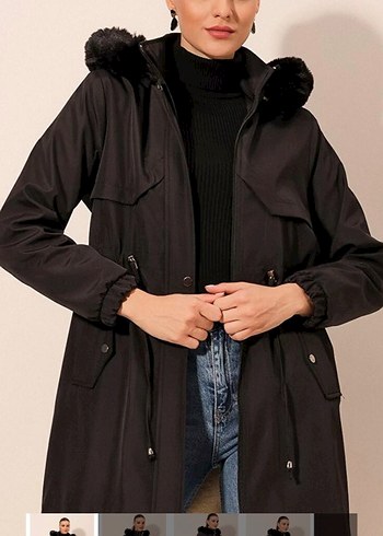 Kadın Siyah Uzun Kürklü Street Style Parka
