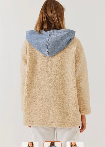 Bej Kadın Peluş Detaylı Kot Ceket - Görsel 2