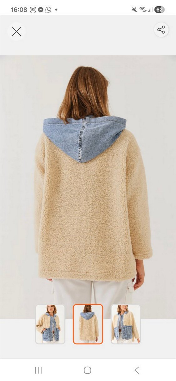 Bej Kadın Peluş Detaylı Kot Ceket - Görsel 2