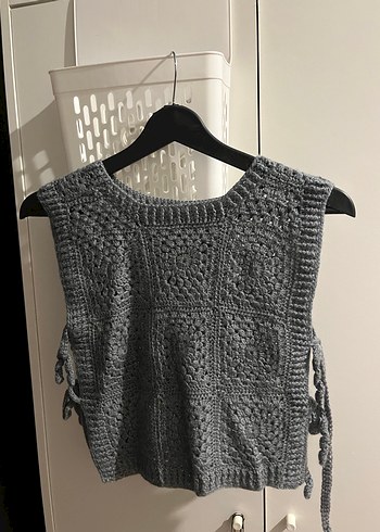 El Örgüsü Gri Crop Yandan Bağlamalı Süveter - Görsel 4