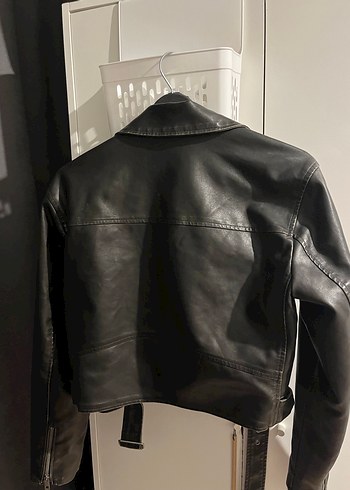 Oversize Kemerli Deri Biker Ceket - Görsel 4