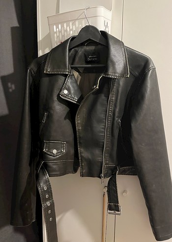 Oversize Kemerli Deri Biker Ceket - Görsel 2