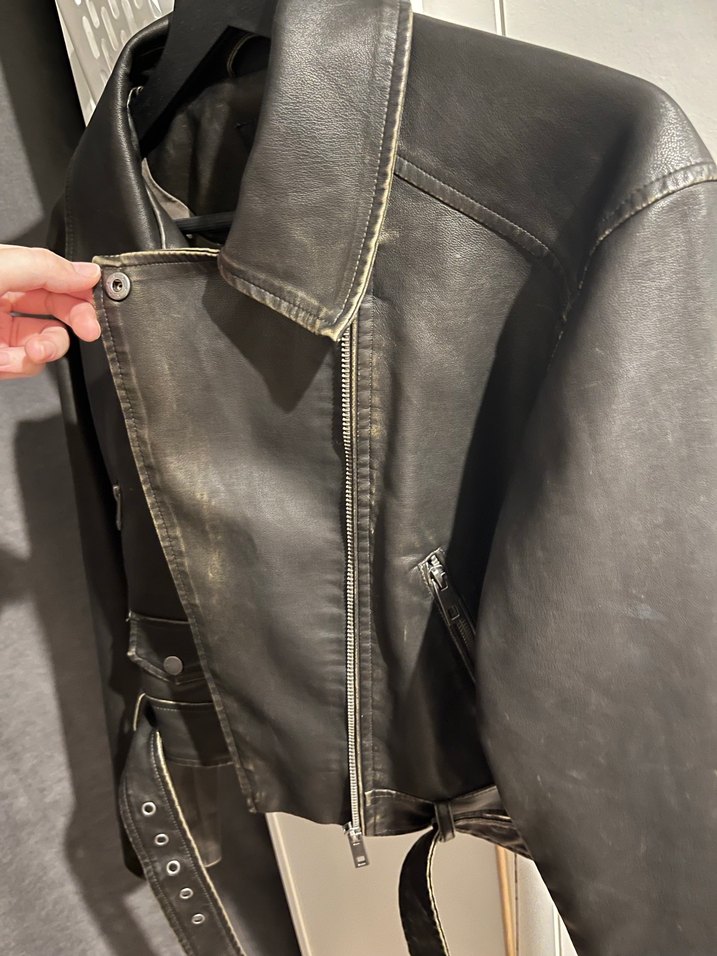 Oversize Kemerli Deri Biker Ceket - Görsel 3