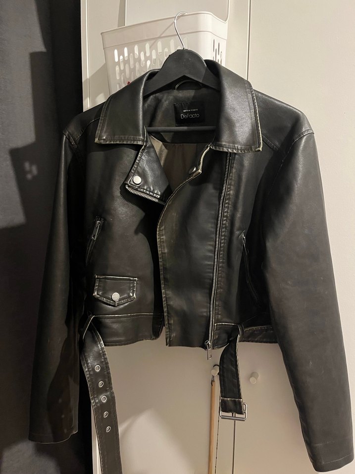 Oversize Kemerli Deri Biker Ceket - Görsel 2