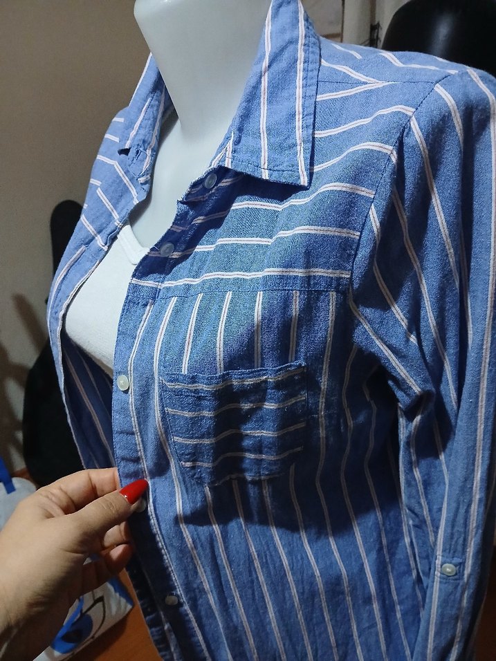 Mudo Çizgili Mavi Uzun Kollu Denim Gömlek - Görsel 3