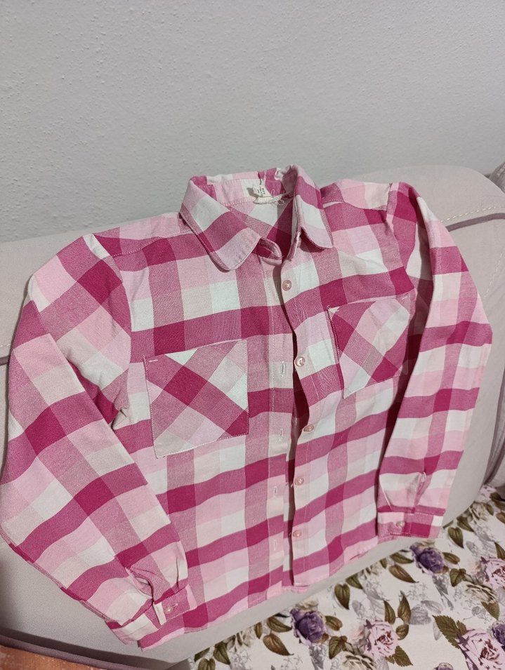 Kız Çocuk Pembe Kareli Pamuklu Gömlek - Görsel 2