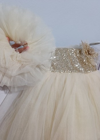 Kız Çocuk Beyaz Tül Fırfırlı Abiye Elbise - Görsel 5