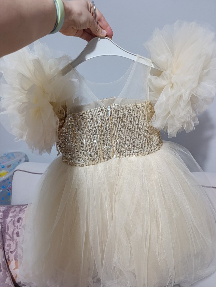 Kız Çocuk Beyaz Tül Fırfırlı Abiye Elbise - Görsel 3