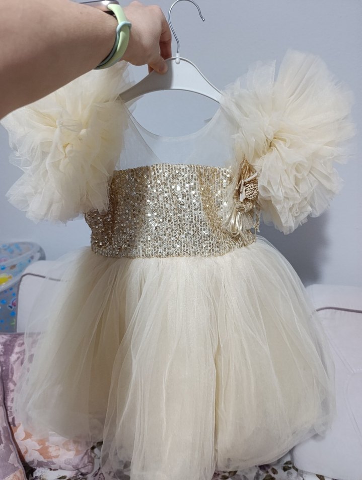 Kız Çocuk Beyaz Tül Fırfırlı Abiye Elbise - Görsel 2