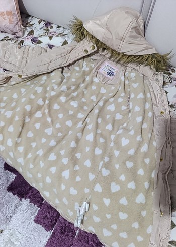 Kürklü Kapüşonlu Uzun Bej kız çocuk Kışlık Mont - Görsel 4