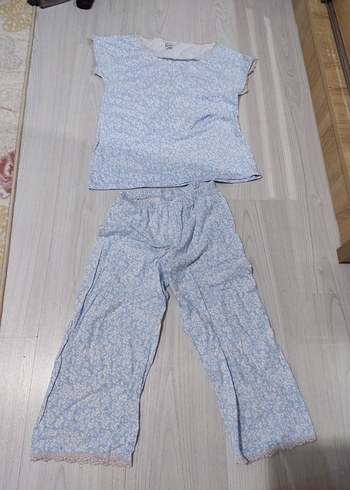 m Beden Mavi Bağlama Desenli Kısa Kollu Kadın Pijama Takımı