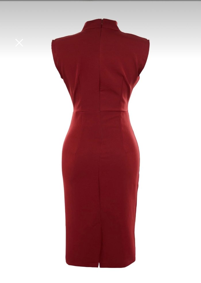 Bordo Drapeli Yüksek Yakalı Midi Kadın Elbise - Görsel 2